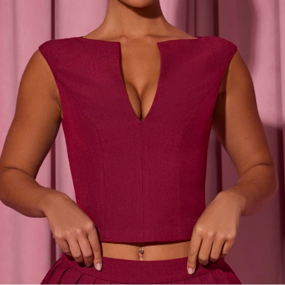 New! Open- Front Crop Top in Wine Red 
US Size: 04
